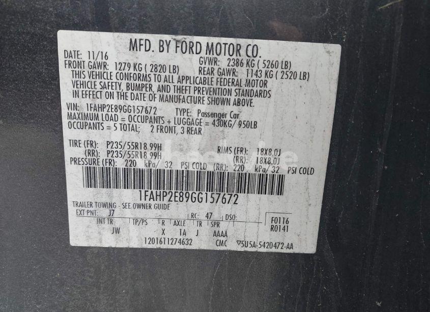 Photo 9 of 2016 Ford Taurus SEL (VIN 1FAHP2E89GG157672)