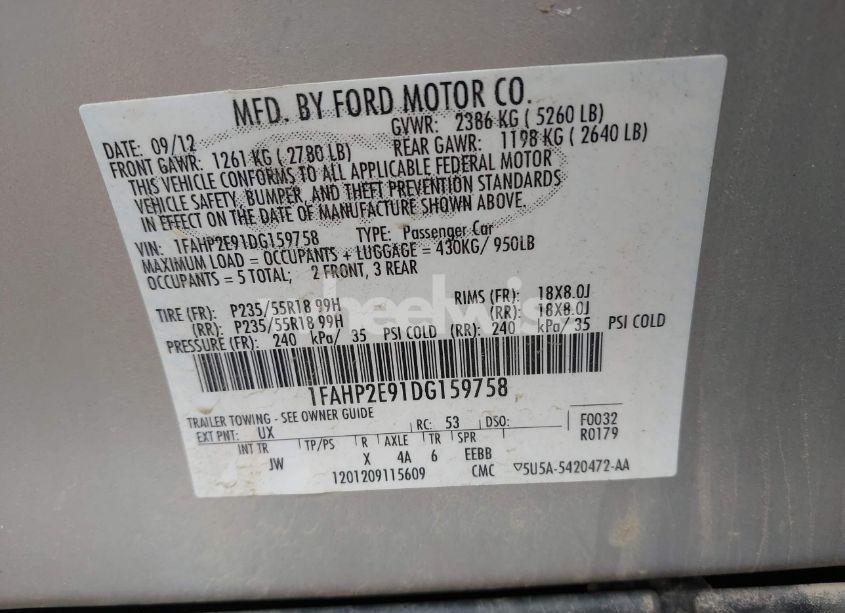 Photo 9 of 2013 Ford Taurus SEL (VIN 1FAHP2E91DG159758)
