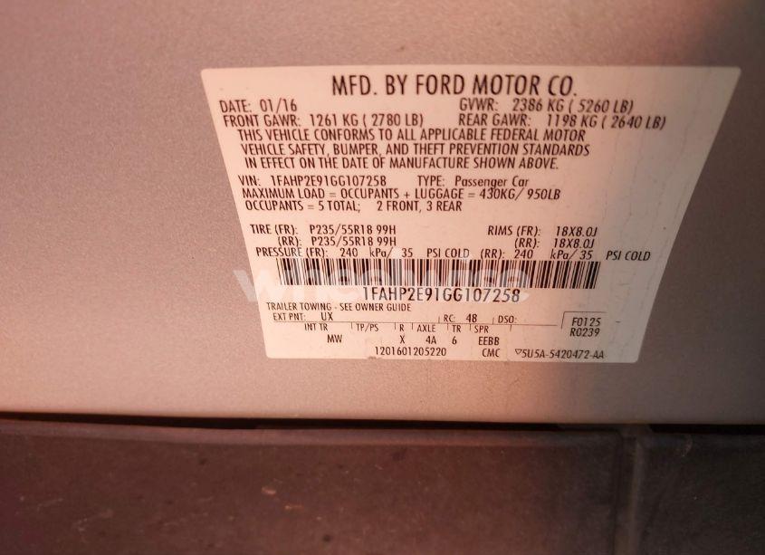 Photo 9 of 2016 Ford Taurus SEL (VIN 1FAHP2E91GG107258)