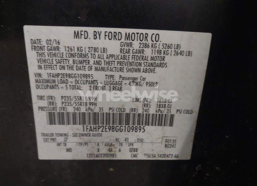 Photo 9 of 2016 Ford Taurus SEL (VIN 1FAHP2E98GG109895)