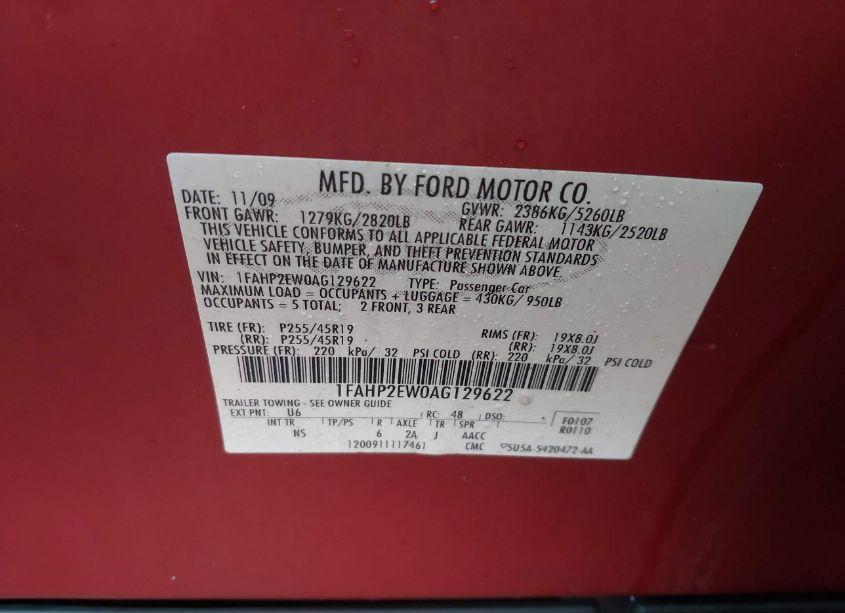 Photo 9 of 2010 Ford Taurus SEL (VIN 1FAHP2EW0AG129622)