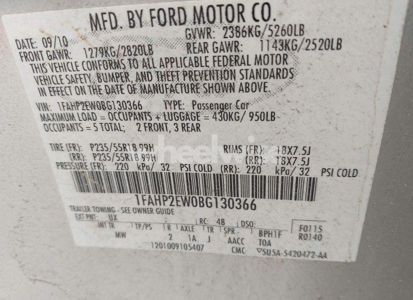 Photo 9 of 2011 Ford Taurus SEL (VIN 1FAHP2EW0BG130366)