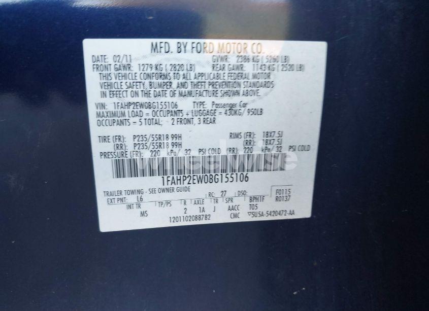 Photo 9 of 2011 Ford Taurus SEL (VIN 1FAHP2EW0BG155106)