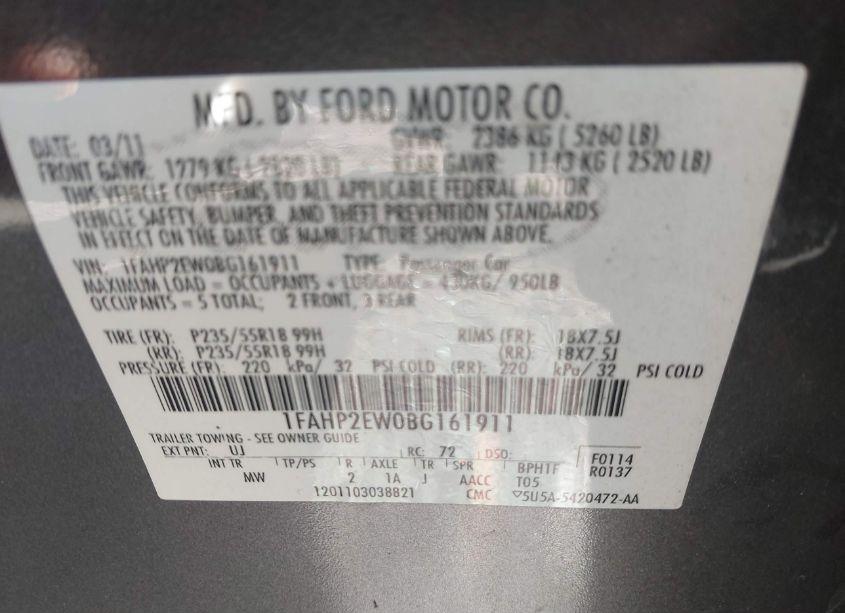 Photo 9 of 2011 Ford Taurus SEL (VIN 1FAHP2EW0BG161911)