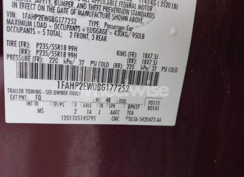 Photo 9 of 2011 Ford Taurus SEL (VIN 1FAHP2EW0BG177252)