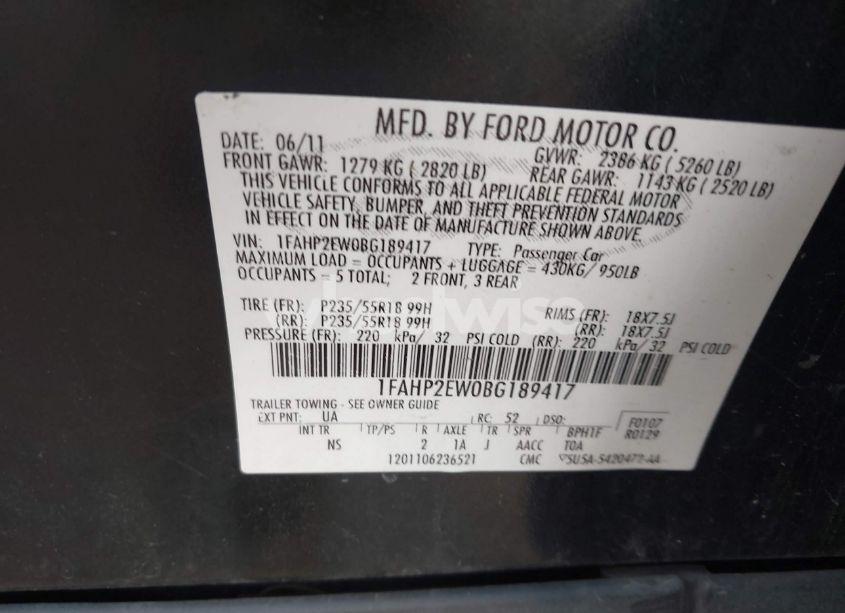 Photo 9 of 2011 Ford Taurus SEL (VIN 1FAHP2EW0BG189417)