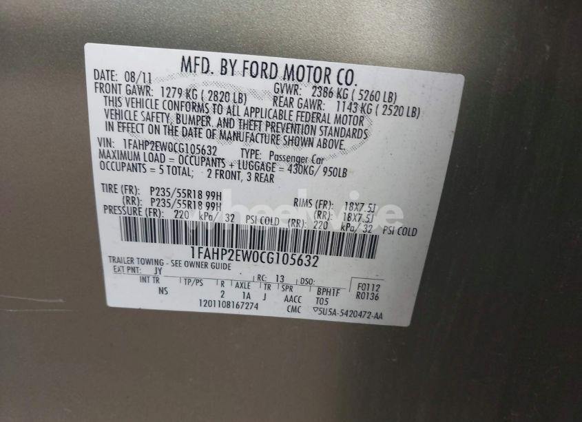 Photo 9 of 2012 Ford Taurus SEL (VIN 1FAHP2EW0CG105632)