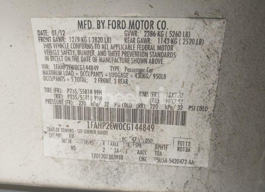 Photo 9 of 2012 Ford Taurus SEL (VIN 1FAHP2EW0CG144849)