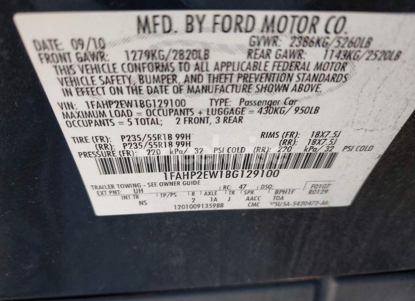 Photo 9 of 2011 Ford Taurus SEL (VIN 1FAHP2EW1BG129100)