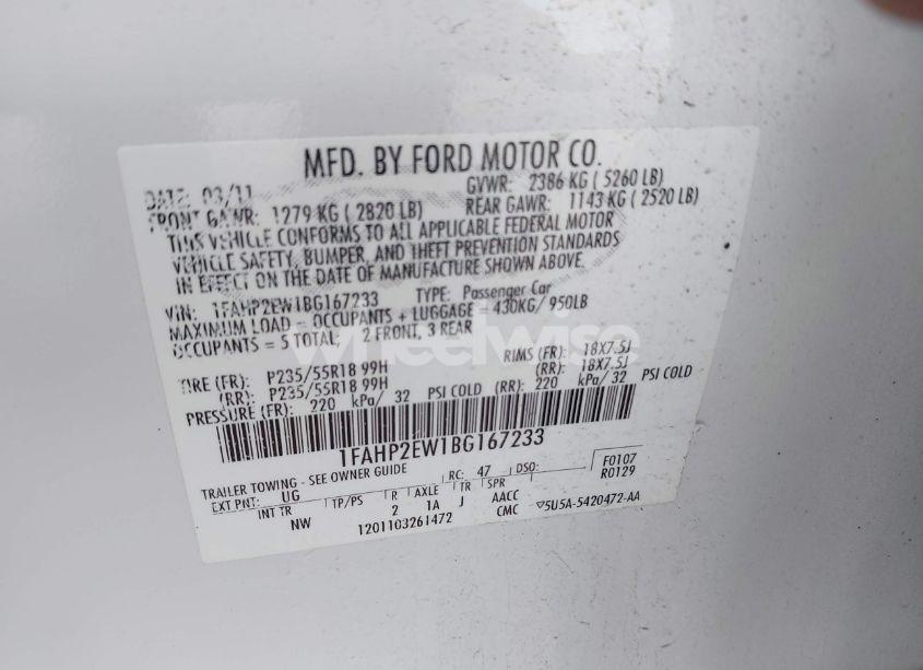 Photo 9 of 2011 Ford Taurus SEL (VIN 1FAHP2EW1BG167233)