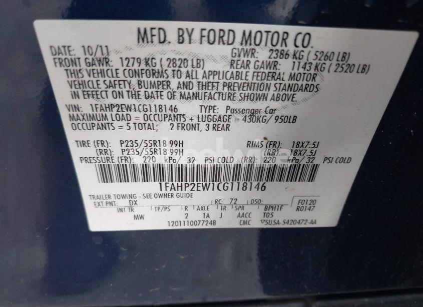 Photo 9 of 2012 Ford Taurus SEL (VIN 1FAHP2EW1CG118146)