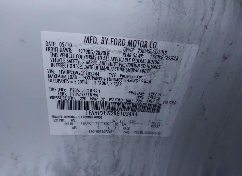 Photo 9 of 2011 Ford Taurus SEL (VIN 1FAHP2EW2BG103444)