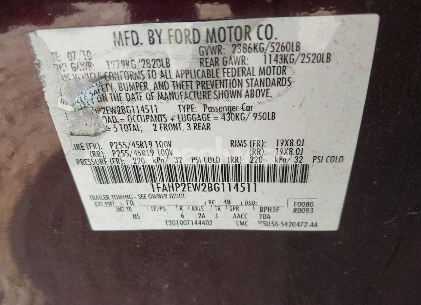 Photo 9 of 2011 Ford Taurus SEL (VIN 1FAHP2EW2BG114511)