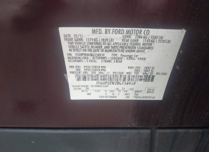 Photo 9 of 2011 Ford Taurus SEL (VIN 1FAHP2EW2BG158959)