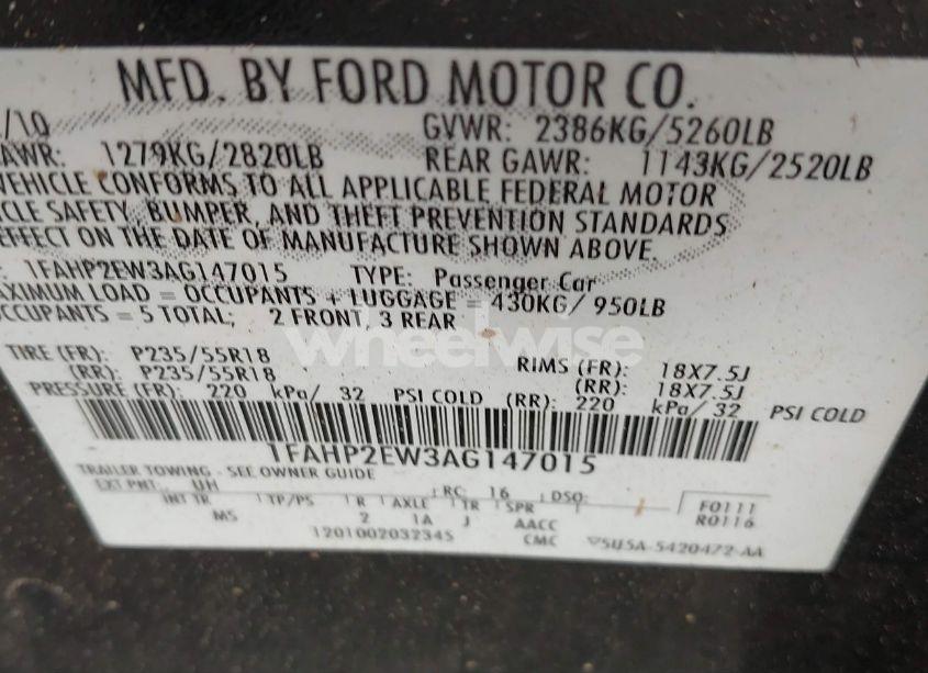 Photo 9 of 2010 Ford Taurus SEL (VIN 1FAHP2EW3AG147015)