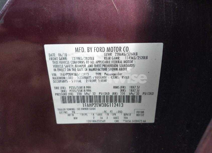 Photo 9 of 2011 Ford Taurus SEL (VIN 1FAHP2EW3BG112413)
