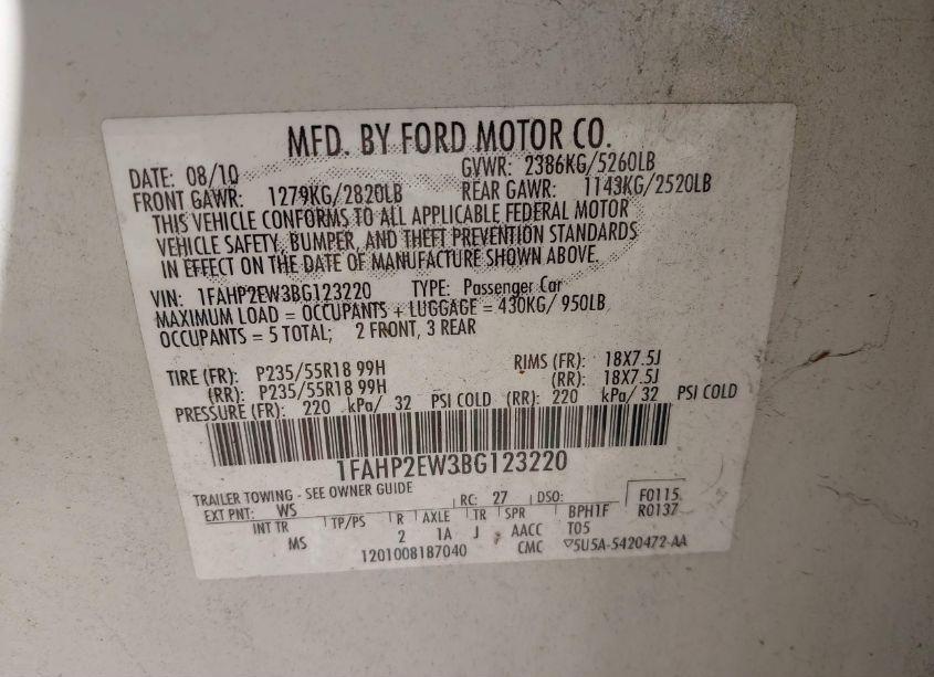 Photo 9 of 2011 Ford Taurus SEL (VIN 1FAHP2EW3BG123220)