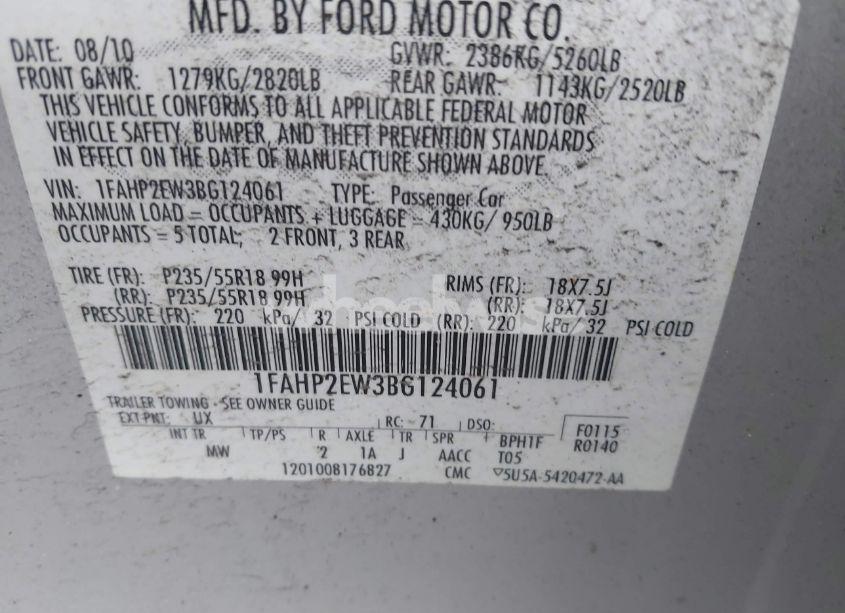 Photo 9 of 2011 Ford Taurus SEL (VIN 1FAHP2EW3BG124061)