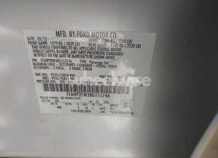 Photo 9 of 2011 Ford Taurus SEL (VIN 1FAHP2EW3BG155746)