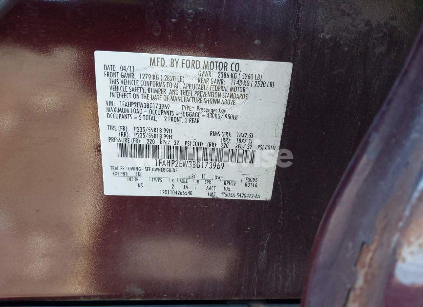 Photo 9 of 2011 Ford Taurus SEL (VIN 1FAHP2EW3BG173969)