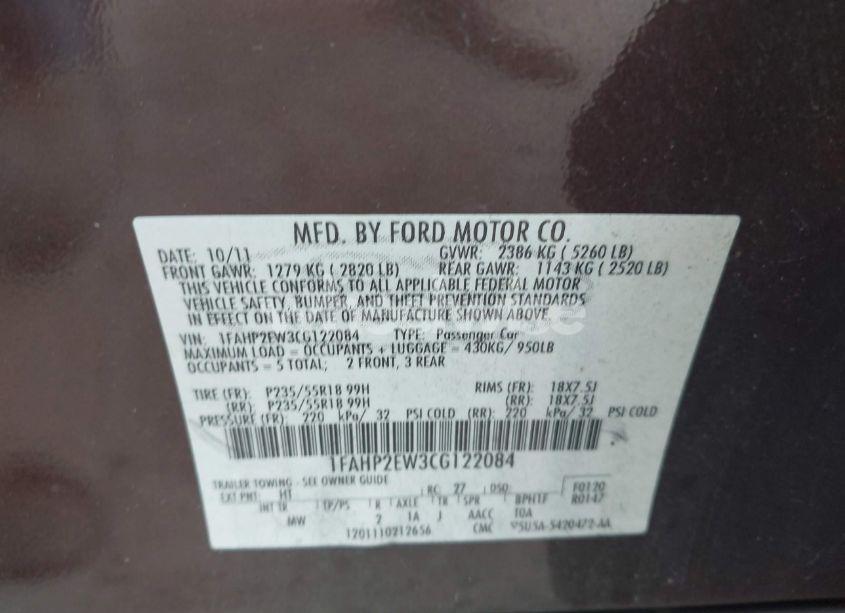 Photo 9 of 2012 Ford Taurus SEL (VIN 1FAHP2EW3CG122084)