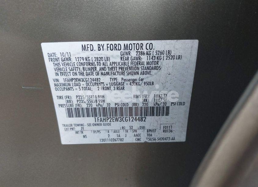 Photo 9 of 2012 Ford Taurus SEL (VIN 1FAHP2EW3CG124482)