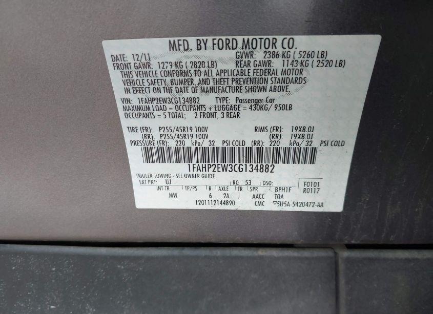 Photo 9 of 2012 Ford Taurus SEL (VIN 1FAHP2EW3CG134882)