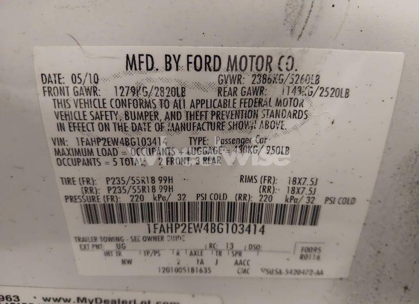 Photo 9 of 2011 Ford Taurus SEL (VIN 1FAHP2EW4BG103414)