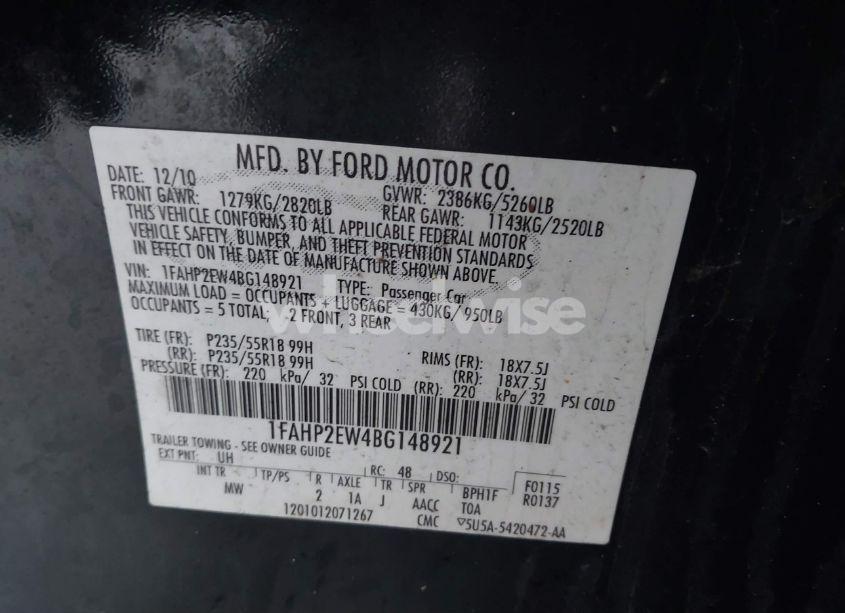 Photo 9 of 2011 Ford Taurus SEL (VIN 1FAHP2EW4BG148921)