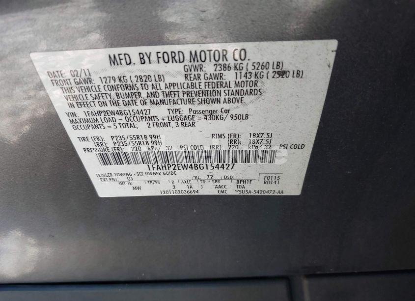 Photo 9 of 2011 Ford Taurus SEL (VIN 1FAHP2EW4BG154427)