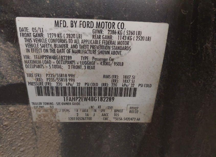 Photo 9 of 2011 Ford Taurus SEL (VIN 1FAHP2EW4BG182289)