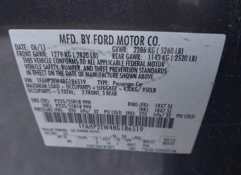 Photo 9 of 2011 Ford Taurus SEL (VIN 1FAHP2EW4BG186519)