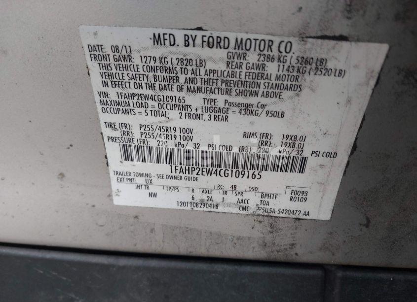 Photo 9 of 2012 Ford Taurus SEL (VIN 1FAHP2EW4CG109165)