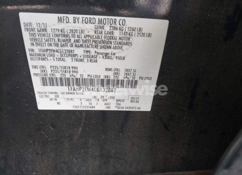 Photo 9 of 2012 Ford Taurus SEL (VIN 1FAHP2EW4CG132882)