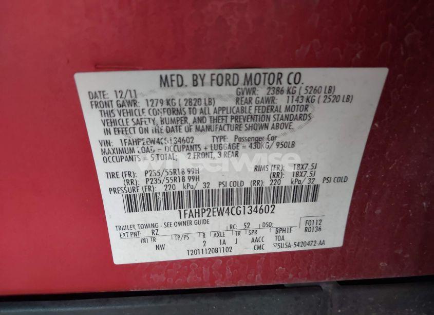 Photo 9 of 2012 Ford Taurus SEL (VIN 1FAHP2EW4CG134602)