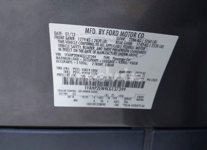 Photo 9 of 2012 Ford Taurus SEL (VIN 1FAHP2EW4CG137399)