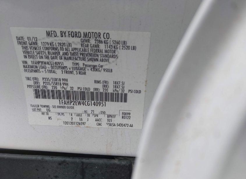 Photo 9 of 2012 Ford Taurus SEL (VIN 1FAHP2EW4CG140951)