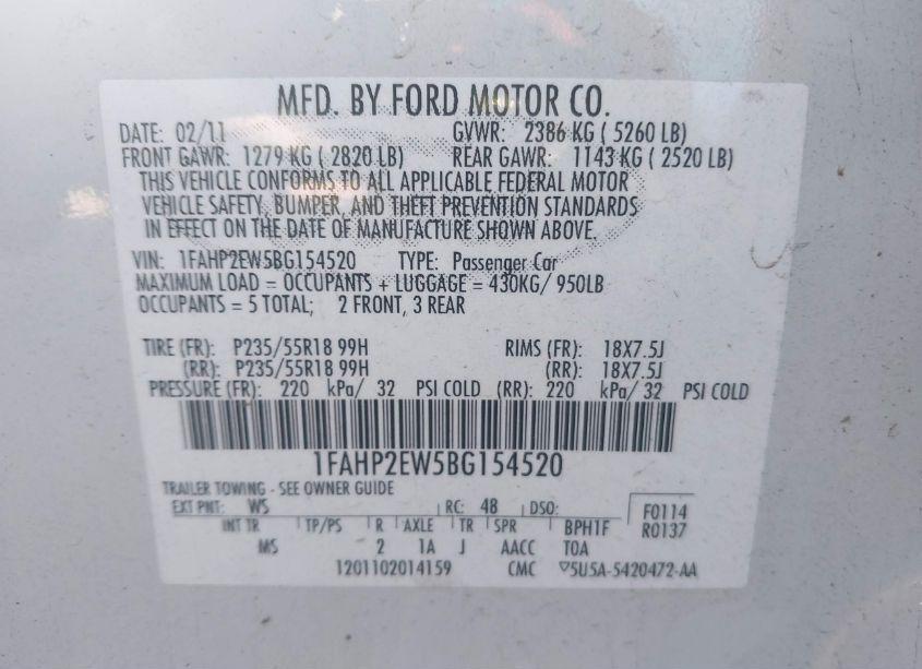 Photo 9 of 2011 Ford Taurus SEL (VIN 1FAHP2EW5BG154520)