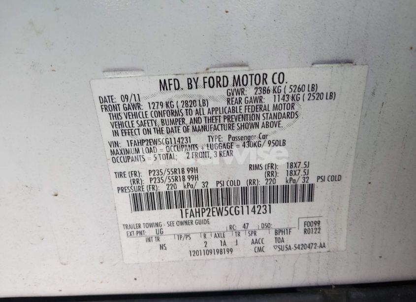 Photo 9 of 2012 Ford Taurus SEL (VIN 1FAHP2EW5CG114231)