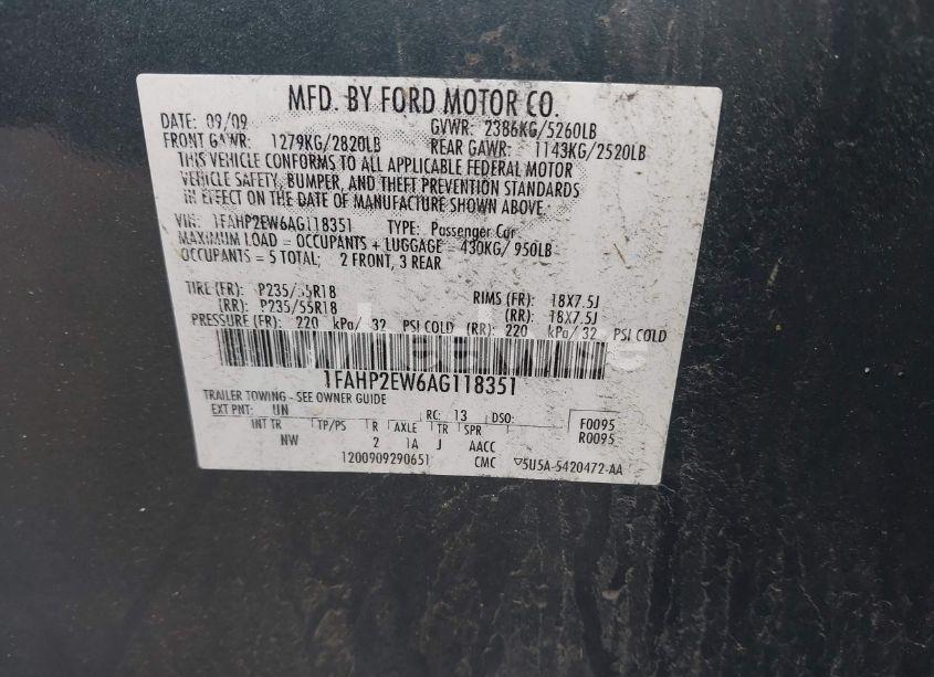 Photo 9 of 2010 Ford Taurus SEL (VIN 1FAHP2EW6AG118351)