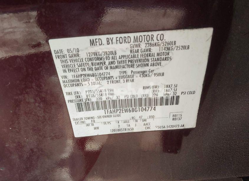 Photo 9 of 2011 Ford Taurus SEL (VIN 1FAHP2EW6BG104774)