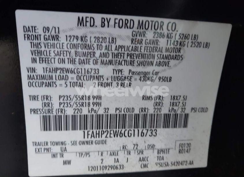 Photo 9 of 2012 Ford Taurus SEL (VIN 1FAHP2EW6CG116733)