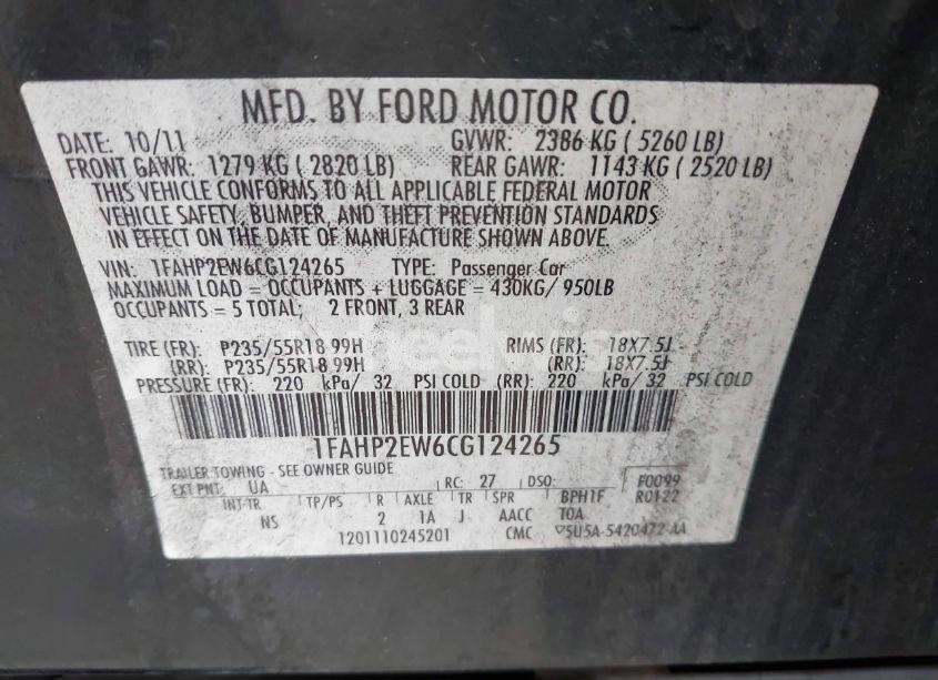 Photo 9 of 2012 Ford Taurus SEL (VIN 1FAHP2EW6CG124265)