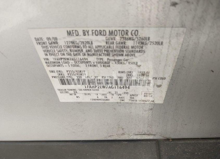 Photo 9 of 2010 Ford Taurus SEL (VIN 1FAHP2EW7AG116494)