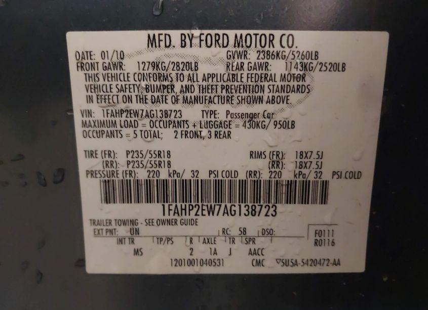 Photo 9 of 2010 Ford Taurus SEL (VIN 1FAHP2EW7AG138723)