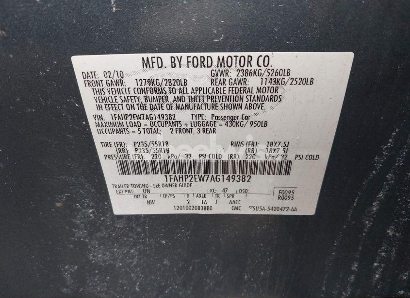Photo 9 of 2010 Ford Taurus SEL (VIN 1FAHP2EW7AG149382)