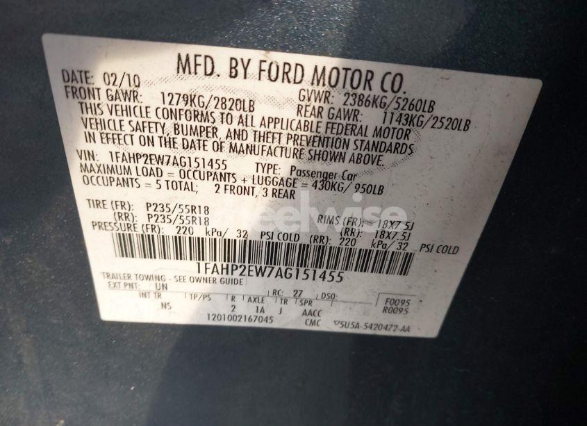 Photo 9 of 2010 Ford Taurus SEL (VIN 1FAHP2EW7AG151455)