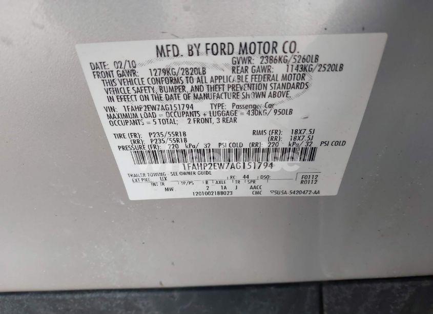 Photo 9 of 2010 Ford Taurus SEL (VIN 1FAHP2EW7AG151794)