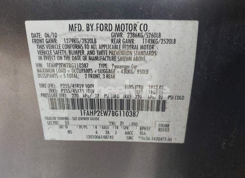 Photo 9 of 2011 Ford Taurus SEL (VIN 1FAHP2EW7BG110387)