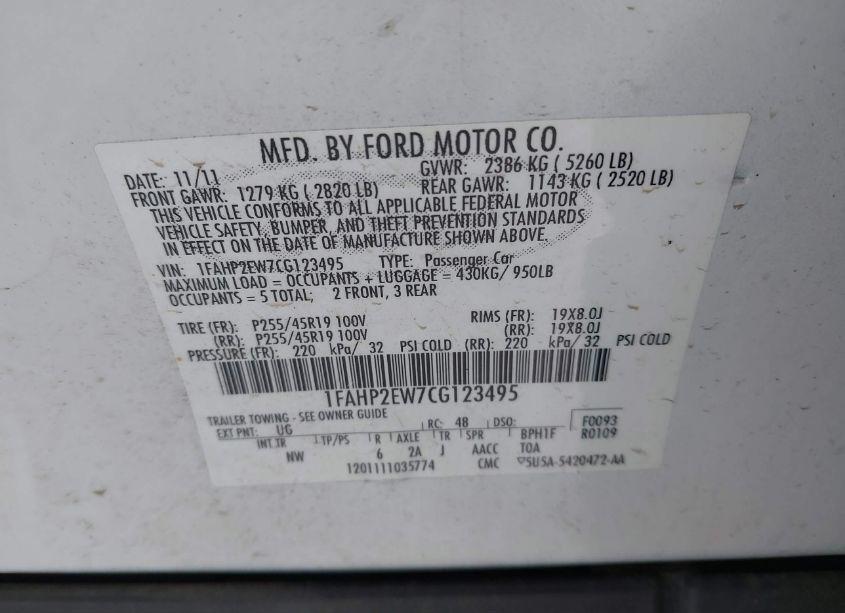 Photo 9 of 2012 Ford Taurus SEL (VIN 1FAHP2EW7CG123495)